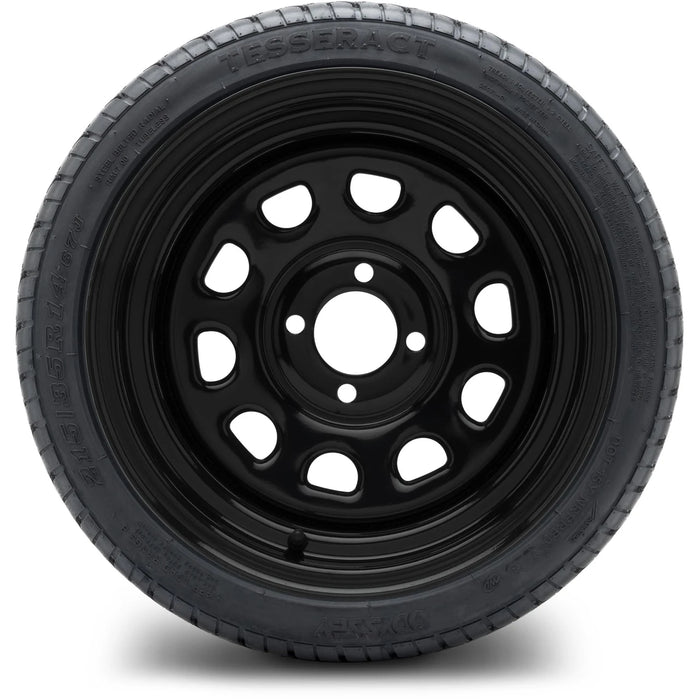 MODZ 14" Steel D-Window Glossy Black Wheels & Street Tires Combo