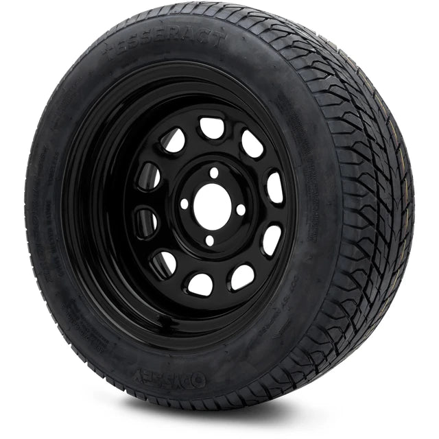 MODZ 14" Steel D-Window Glossy Black Wheels & Street Tires Combo