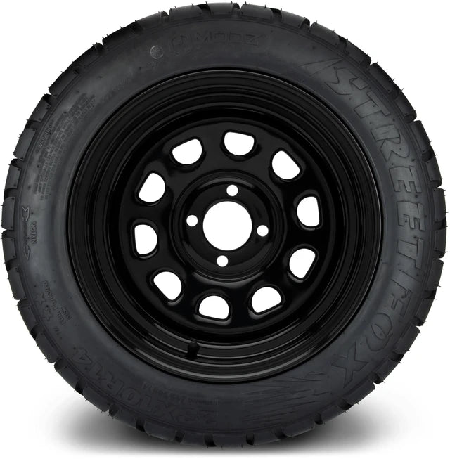 MODZ 14" Steel D-Window Glossy Black Wheels & Street Tires Combo