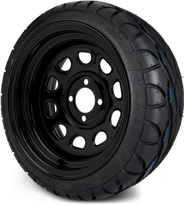 MODZ 14" Steel D-Window Glossy Black Wheels & Street Tires Combo