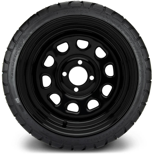 MODZ 14" Steel D-Window Glossy Black Wheels & Street Tires Combo