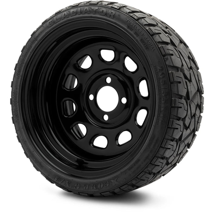 MODZ 14" Steel D-Window Glossy Black Wheels & Off-Road Tires Combo