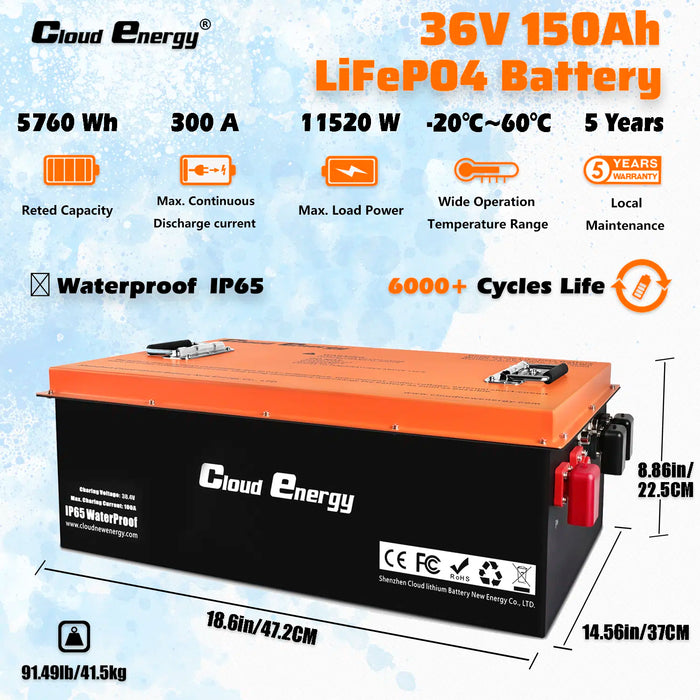 Cloudenergy 36V (38.4V) 150Ah LiFePo4 Golf Cart Battery With 20A Charger