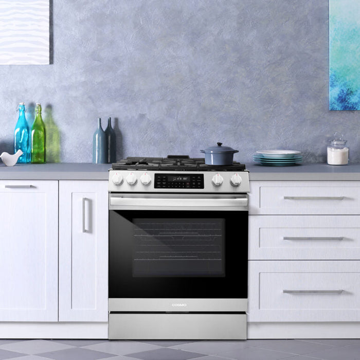 Cosmo Professional 30" 6.1 cu. ft. Slide-In Freestanding  Gas Range with 5 Sealed Gas Burners and Self Clean, Air Fry Oven in Stainless Steel (COS-GRC305KTD)