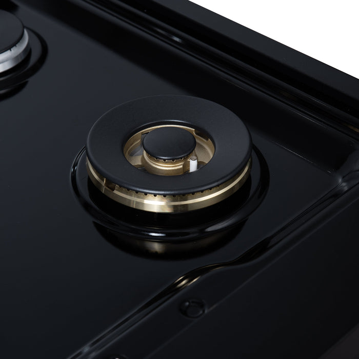 Forno Ambassador Valente 36" Gas Cooktop, 6 Sealed Burners with Dual Ring Burner, Cast Iron Grates in Black with Antique Brass Accents and Copper Rivet Trim (FCTGS5799-36CPBLK)