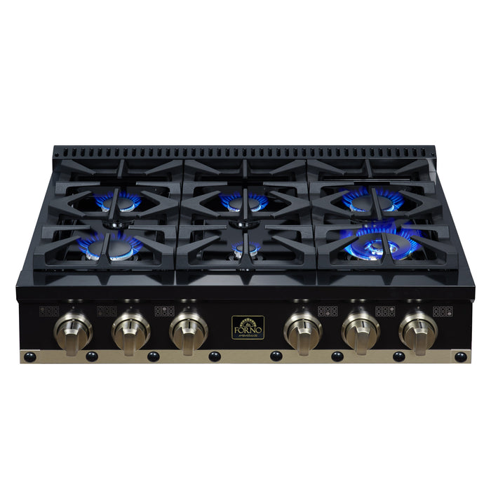 Forno Ambassador Valente 36" Gas Cooktop, 6 Sealed Burners with Dual Ring Burner, Cast Iron Grates in Black with Antique Brass Accents and Copper Rivet Trim (FCTGS5799-36CPBLK)
