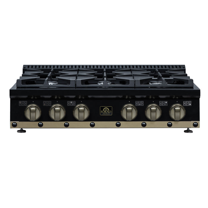 Forno Ambassador Valente 36" Gas Cooktop, 6 Sealed Burners with Dual Ring Burner, Cast Iron Grates in Black with Antique Brass Accents and Copper Rivet Trim (FCTGS5799-36CPBLK)