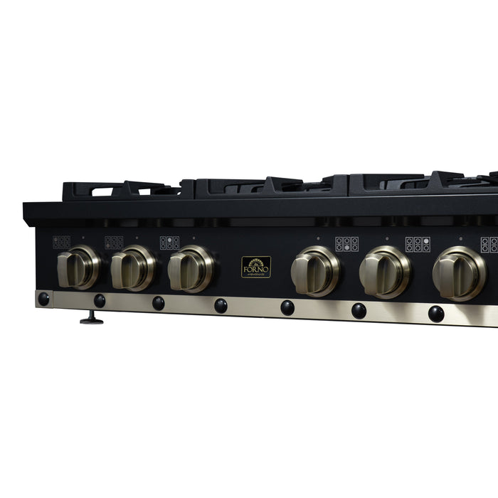 Forno Ambassador Valente 36" Gas Cooktop, 6 Sealed Burners with Dual Ring Burner, Cast Iron Grates in Black with Antique Brass Accents and Copper Rivet Trim (FCTGS5799-36CPBLK)