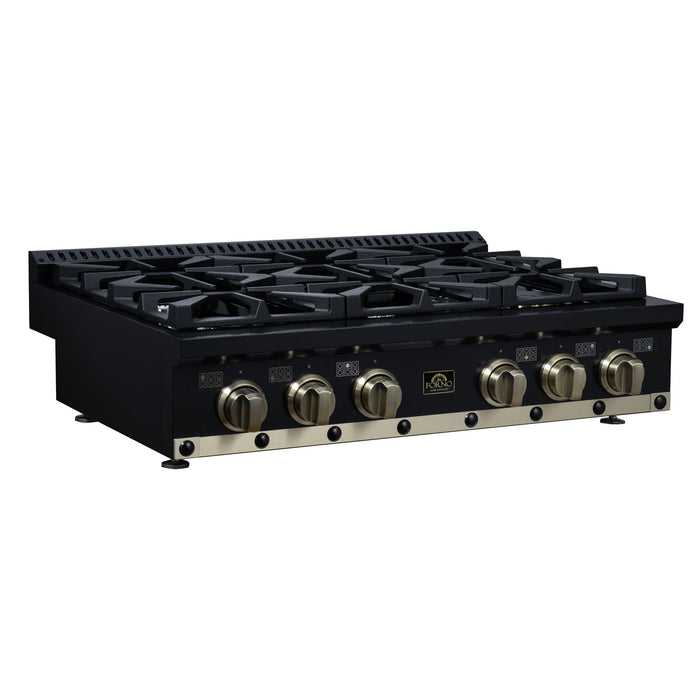 Forno Ambassador Valente 36" Gas Cooktop, 6 Sealed Burners with Dual Ring Burner, Cast Iron Grates in Black with Antique Brass Accents and Copper Rivet Trim (FCTGS5799-36CPBLK)
