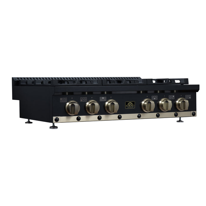 Forno Ambassador Valente 36" Gas Cooktop, 6 Sealed Burners with Dual Ring Burner, Cast Iron Grates in Black with Antique Brass Accents and Copper Rivet Trim (FCTGS5799-36CPBLK)