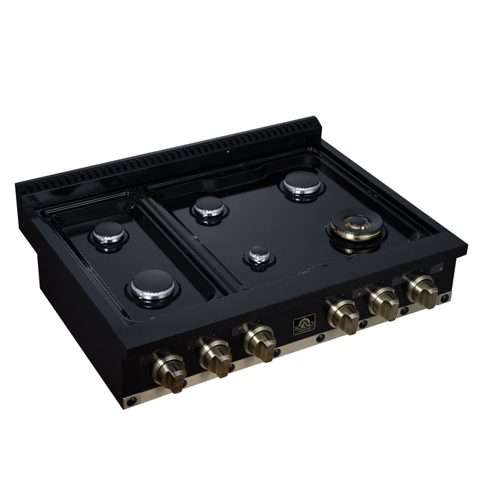 Forno Ambassador Valente 36" Gas Cooktop, 6 Sealed Burners with Dual Ring Burner, Cast Iron Grates in Black with Antique Brass Accents and Copper Rivet Trim (FCTGS5799-36CPBLK)