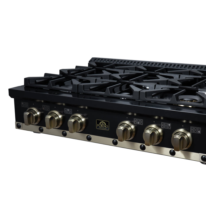 Forno Ambassador Valente 36" Gas Cooktop, 6 Sealed Burners with Dual Ring Burner, Cast Iron Grates in Black with Antique Brass Accents and Copper Rivet Trim (FCTGS5799-36CPBLK)