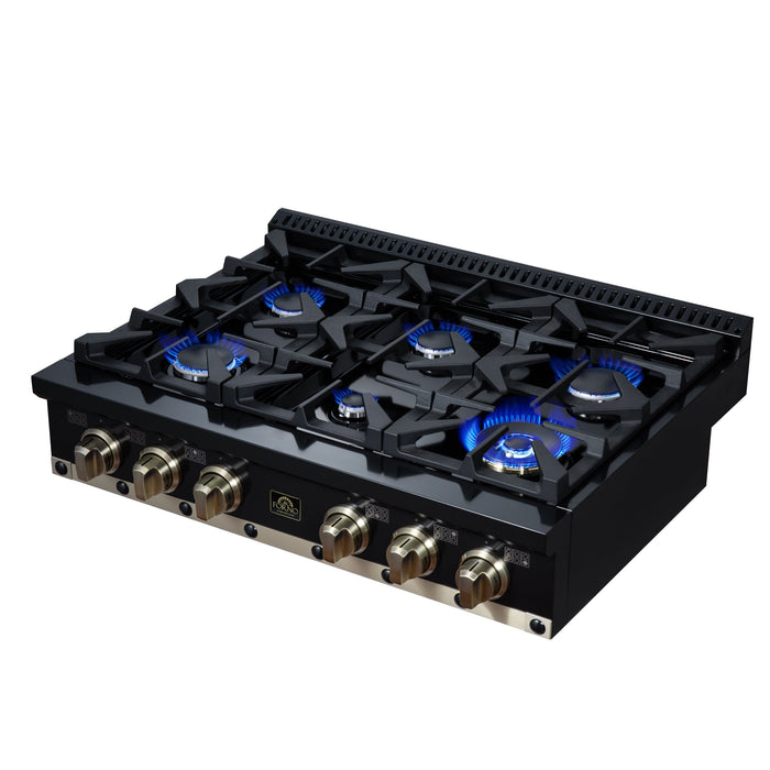 Forno Ambassador Valente 36" Gas Cooktop, 6 Sealed Burners with Dual Ring Burner, Cast Iron Grates in Black with Antique Brass Accents and Copper Rivet Trim (FCTGS5799-36CPBLK)
