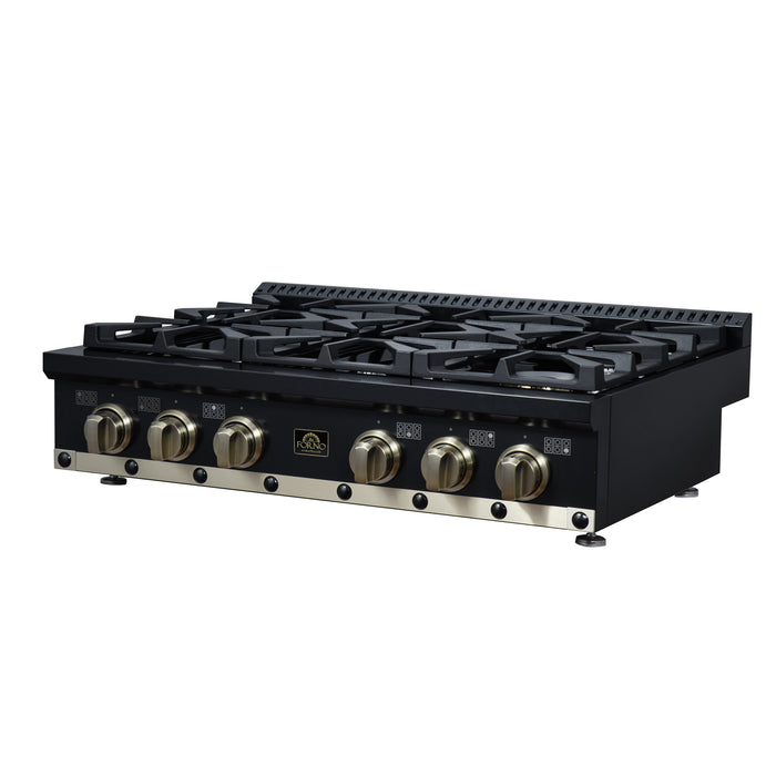 Forno Ambassador Valente 36" Gas Cooktop, 6 Sealed Burners with Dual Ring Burner, Cast Iron Grates in Black with Antique Brass Accents and Copper Rivet Trim (FCTGS5799-36CPBLK)