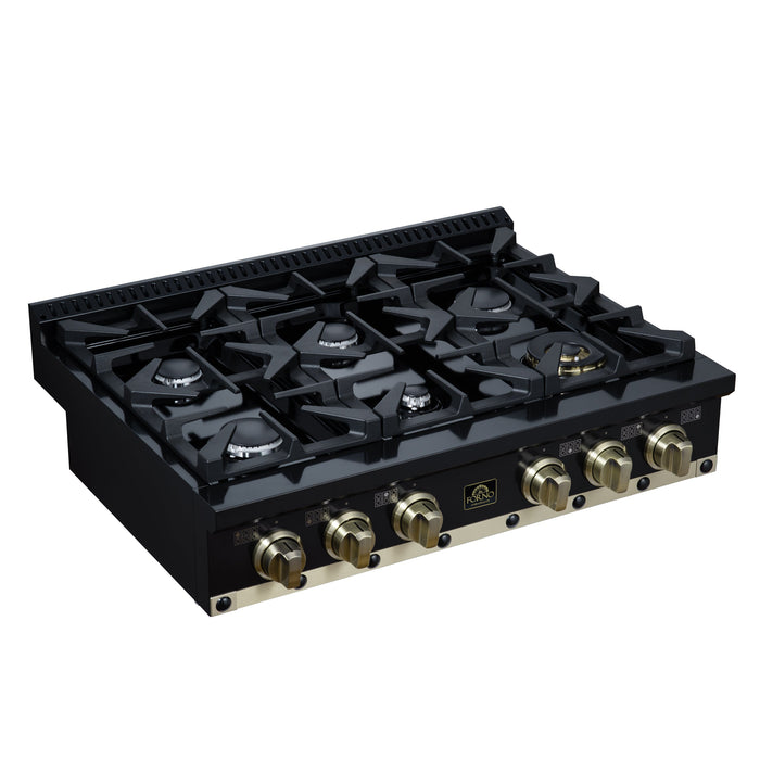 Forno Ambassador Valente 36" Gas Cooktop, 6 Sealed Burners with Dual Ring Burner, Cast Iron Grates in Black with Antique Brass Accents and Copper Rivet Trim (FCTGS5799-36CPBLK)