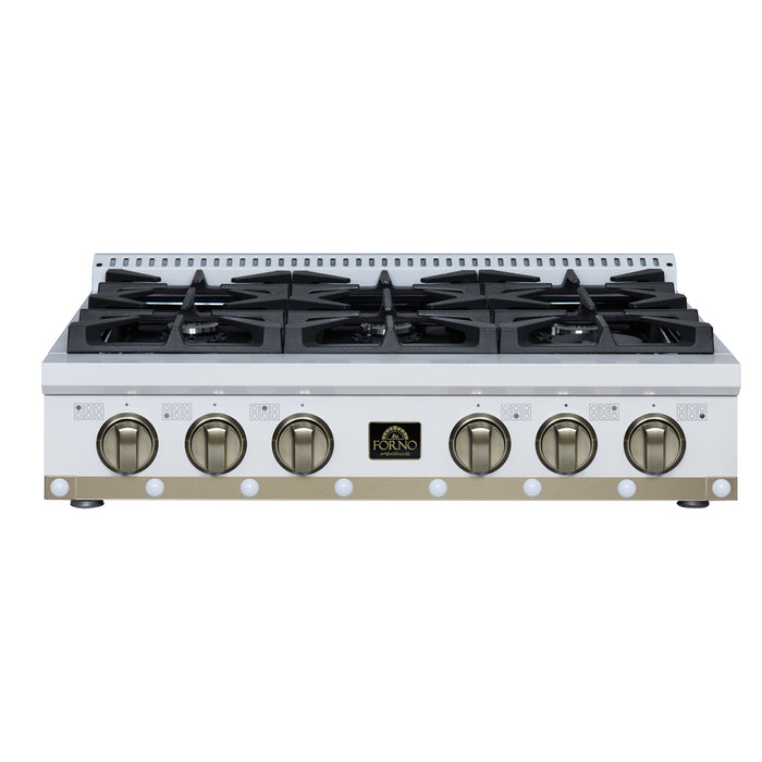 Forno Ambassador Valente 36" Gas Cooktop, 6 Sealed Burners with Dual Ring Burner, Cast Iron Grates in White with Antique Brass Accents and Copper Rivet Trim (FCTGS5799-36CPWHT)