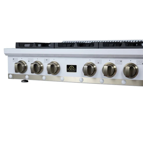 Forno Ambassador Valente 36" Gas Cooktop, 6 Sealed Burners with Dual Ring Burner, Cast Iron Grates - Black or White with Antique Brass Accents and Copper Rivet Trim (FCTGS5799-36CPBLK)