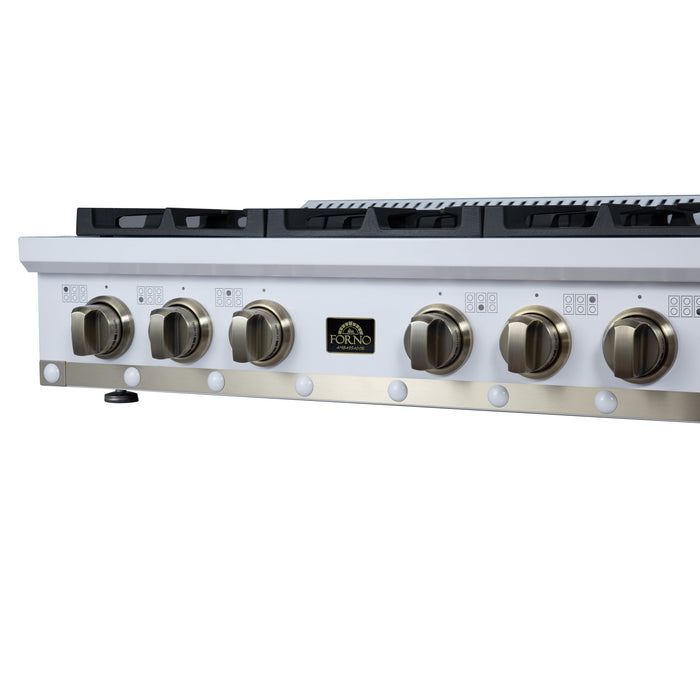 Forno Ambassador Valente 36" Gas Cooktop, 6 Sealed Burners with Dual Ring Burner, Cast Iron Grates in White with Antique Brass Accents and Copper Rivet Trim (FCTGS5799-36CPWHT)