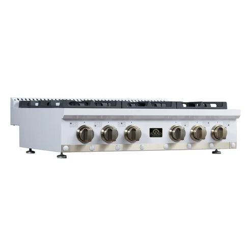 Forno Ambassador Valente 36" Gas Cooktop, 6 Sealed Burners with Dual Ring Burner, Cast Iron Grates - Black or White with Antique Brass Accents and Copper Rivet Trim (FCTGS5799-36CPBLK)