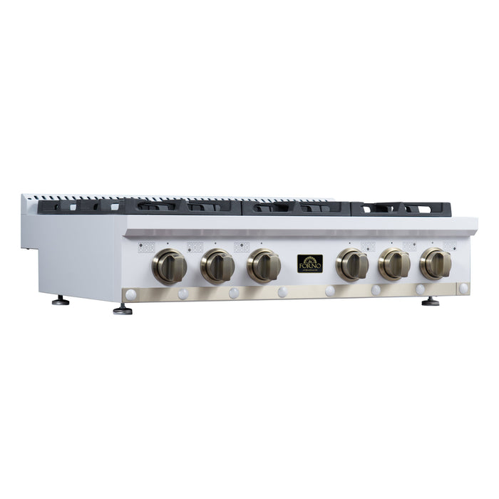 Forno Ambassador Valente 36" Gas Cooktop, 6 Sealed Burners with Dual Ring Burner, Cast Iron Grates in White with Antique Brass Accents and Copper Rivet Trim (FCTGS5799-36CPWHT)