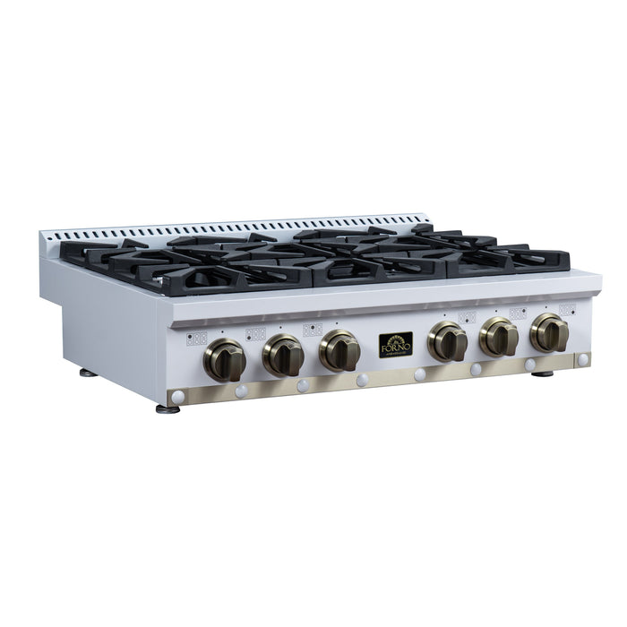 Forno Ambassador Valente 36" Gas Cooktop, 6 Sealed Burners with Dual Ring Burner, Cast Iron Grates in White with Antique Brass Accents and Copper Rivet Trim (FCTGS5799-36CPWHT)