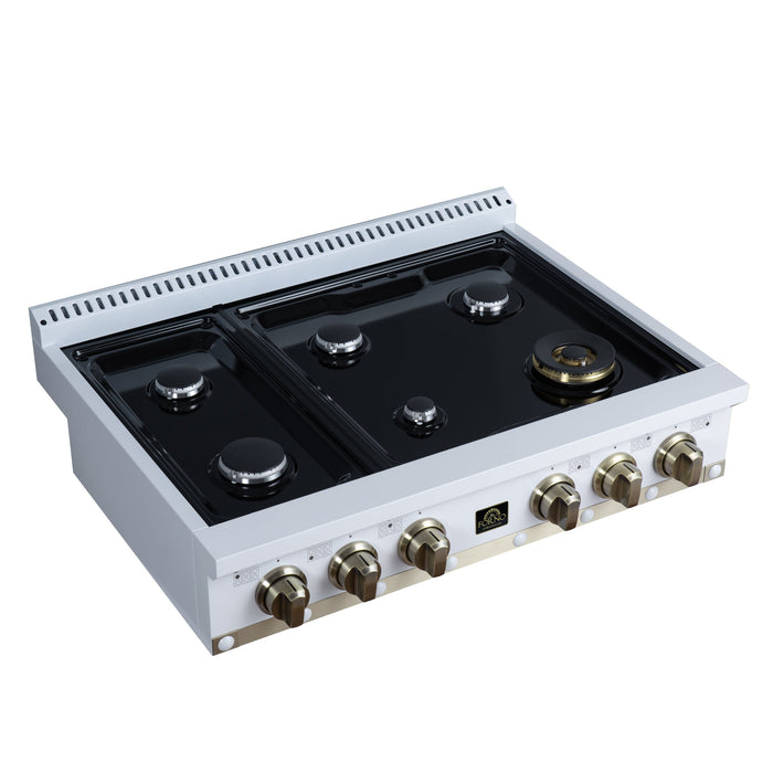 Forno Ambassador Valente 36" Gas Cooktop, 6 Sealed Burners with Dual Ring Burner, Cast Iron Grates in White with Antique Brass Accents and Copper Rivet Trim (FCTGS5799-36CPWHT)