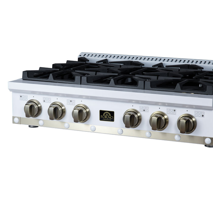 Forno Ambassador Valente 36" Gas Cooktop, 6 Sealed Burners with Dual Ring Burner, Cast Iron Grates in White with Antique Brass Accents and Copper Rivet Trim (FCTGS5799-36CPWHT)
