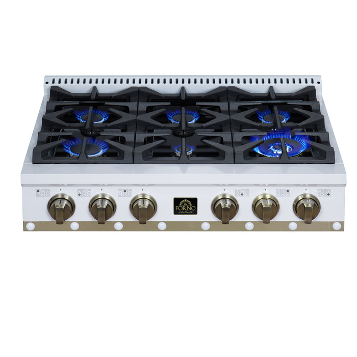 Forno Ambassador Valente 36" Gas Cooktop, 6 Sealed Burners with Dual Ring Burner, Cast Iron Grates in White with Antique Brass Accents and Copper Rivet Trim (FCTGS5799-36CPWHT)