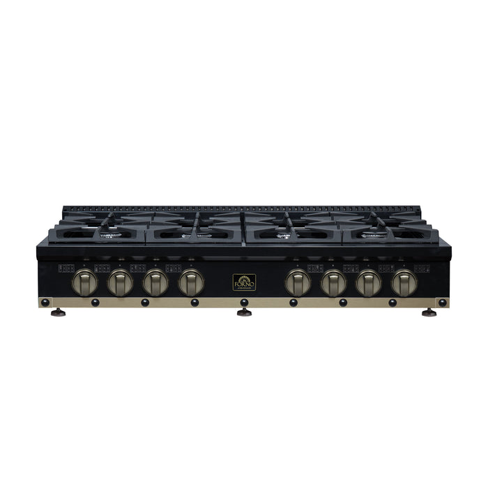 Forno Ambassador Valente 48" Gas Cooktop, 8 Sealed Burners with 2 Dual Ring Burners, Cast Iron Grates - Black or White with Antique Brass Accents and Copper Rivet Trim (FCTGS5799-48CPBLK)