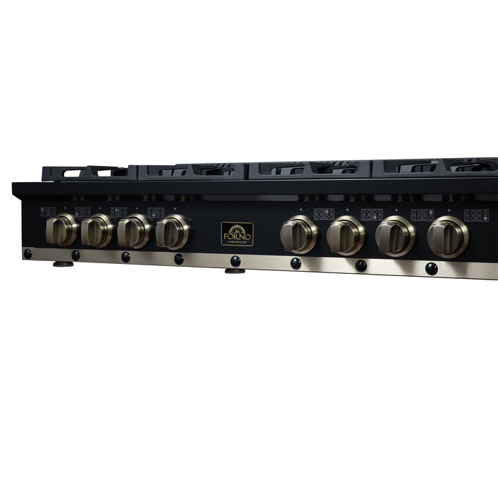 Forno Ambassador Valente 48" Gas Cooktop, 8 Sealed Burners with 2 Dual Ring Burners, Cast Iron Grates - Black or White with Antique Brass Accents and Copper Rivet Trim (FCTGS5799-48CPBLK)