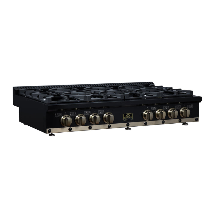 Forno Ambassador Valente 48" Gas Cooktop, 8 Sealed Burners with 2 Dual Ring Burners, Cast Iron Grates - Black or White with Antique Brass Accents and Copper Rivet Trim (FCTGS5799-48CPBLK)