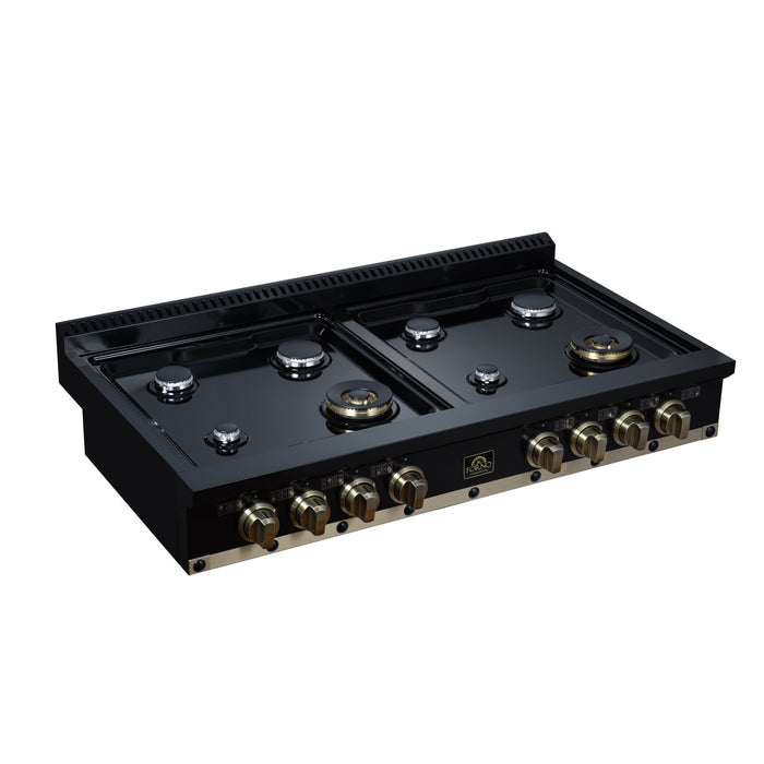 Forno Ambassador Valente 48" Gas Cooktop, 8 Sealed Burners with 2 Dual Ring Burners, Cast Iron Grates - Black or White with Antique Brass Accents and Copper Rivet Trim (FCTGS5799-48CPBLK)
