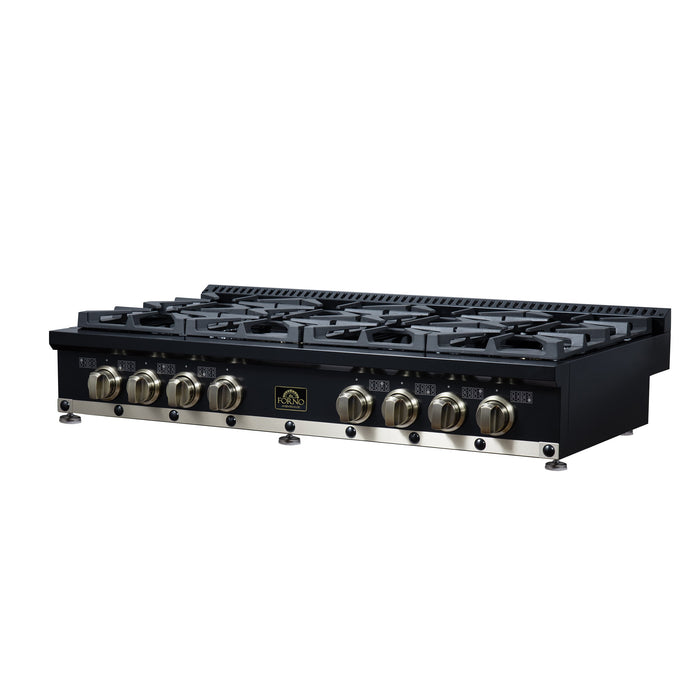 Forno Ambassador Valente 48" Gas Cooktop, 8 Sealed Burners with 2 Dual Ring Burners, Cast Iron Grates - Black or White with Antique Brass Accents and Copper Rivet Trim (FCTGS5799-48CPBLK)