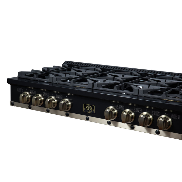Forno Ambassador Valente 48" Gas Cooktop, 8 Sealed Burners with 2 Dual Ring Burners, Cast Iron Grates - Black or White with Antique Brass Accents and Copper Rivet Trim (FCTGS5799-48CPBLK)