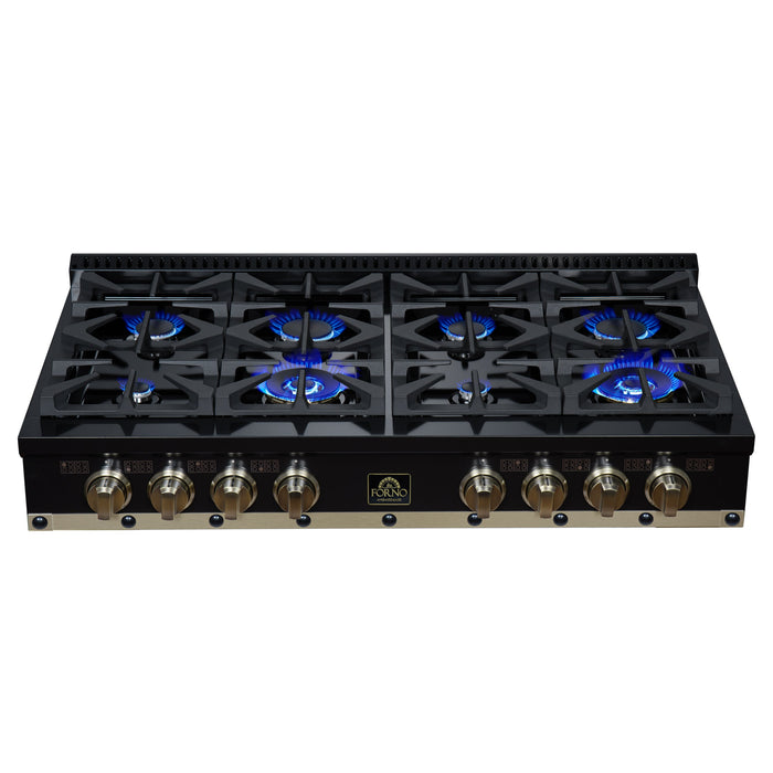 Forno Ambassador Valente 48" Gas Cooktop, 8 Sealed Burners with 2 Dual Ring Burners, Cast Iron Grates - Black or White with Antique Brass Accents and Copper Rivet Trim (FCTGS5799-48CPBLK)