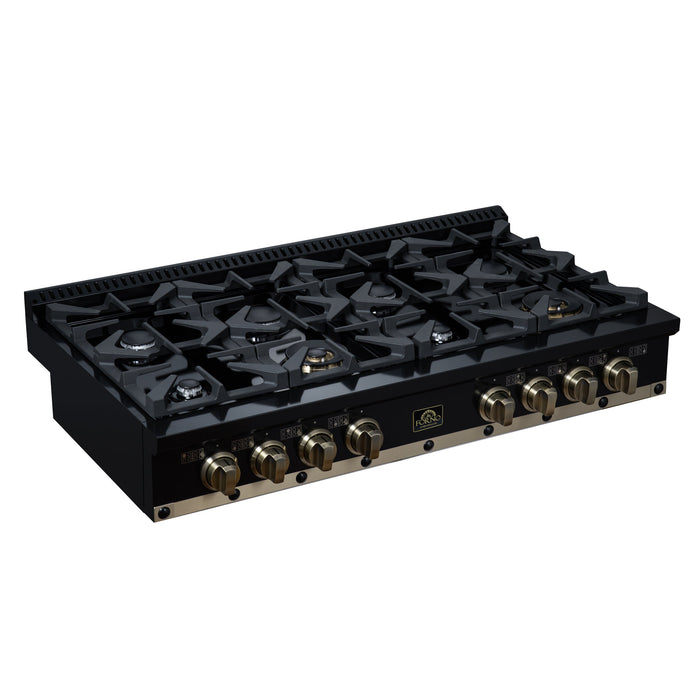 Forno Ambassador Valente 48" Gas Cooktop, 8 Sealed Burners with 2 Dual Ring Burners, Cast Iron Grates - Black or White with Antique Brass Accents and Copper Rivet Trim (FCTGS5799-48CPBLK)
