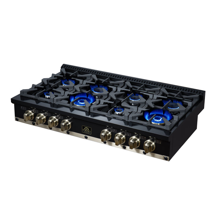 Forno Ambassador Valente 48" Gas Cooktop, 8 Sealed Burners with 2 Dual Ring Burners, Cast Iron Grates - Black or White with Antique Brass Accents and Copper Rivet Trim (FCTGS5799-48CPBLK)