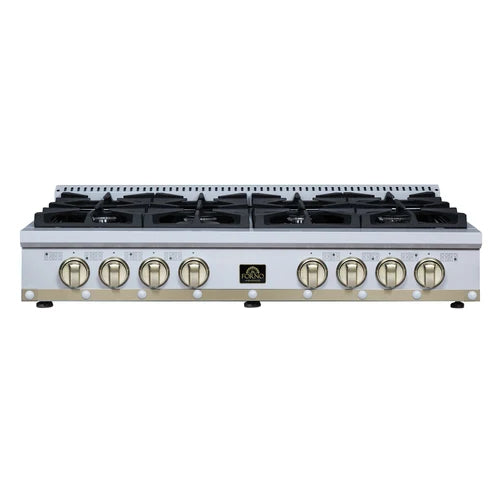 Forno Ambassador Valente 48" Gas Cooktop, 8 Sealed Burners with 2 Dual Ring Burners, Cast Iron Grates - Black or White with Antique Brass Accents and Copper Rivet Trim (FCTGS5799-48CPBLK)