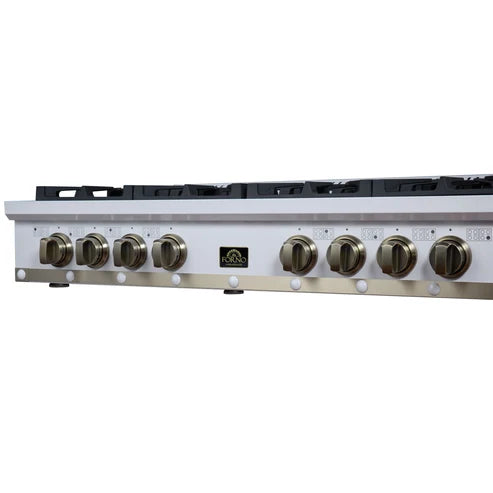 Forno Ambassador Valente 48" Gas Cooktop, 8 Sealed Burners with 2 Dual Ring Burners, Cast Iron Grates - Black or White with Antique Brass Accents and Copper Rivet Trim (FCTGS5799-48CPBLK)