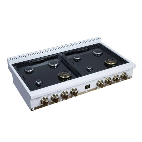 Forno Ambassador Valente 48" Gas Cooktop, 8 Sealed Burners with 2 Dual Ring Burners, Cast Iron Grates - Black or White with Antique Brass Accents and Copper Rivet Trim (FCTGS5799-48CPBLK)