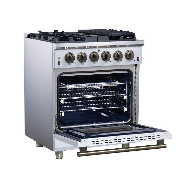Forno Massimo 30″ 4.32 cu. ft. Freestanding Gas Range with 5 Sealed Burners, Air Fryer Kit, Wok Support & Griddle in Stainless Steel Black, White (FFSGS6239-30)