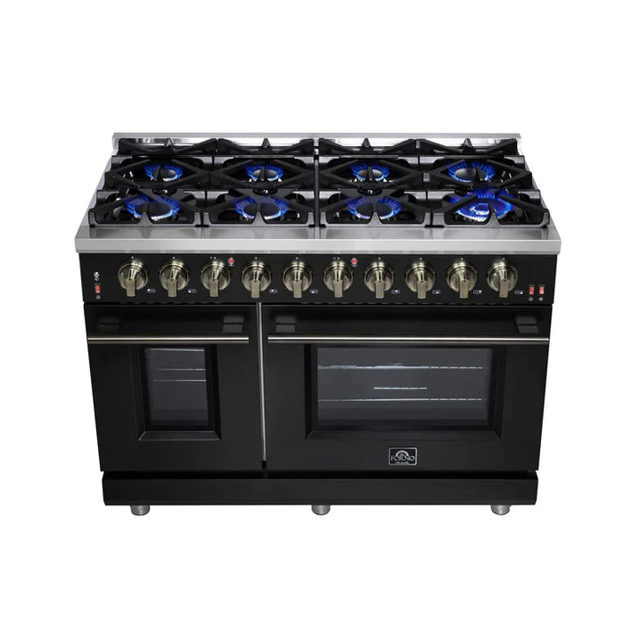 Forno Ambassador Valente 36" 5.2 cu. ft. Dual Fuel Range, 6 Sealed Burners, Convection Oven in Black or White with Antique Brass Accents and Copper Rivet Trim, (FFSGS6199-36CPBLK)