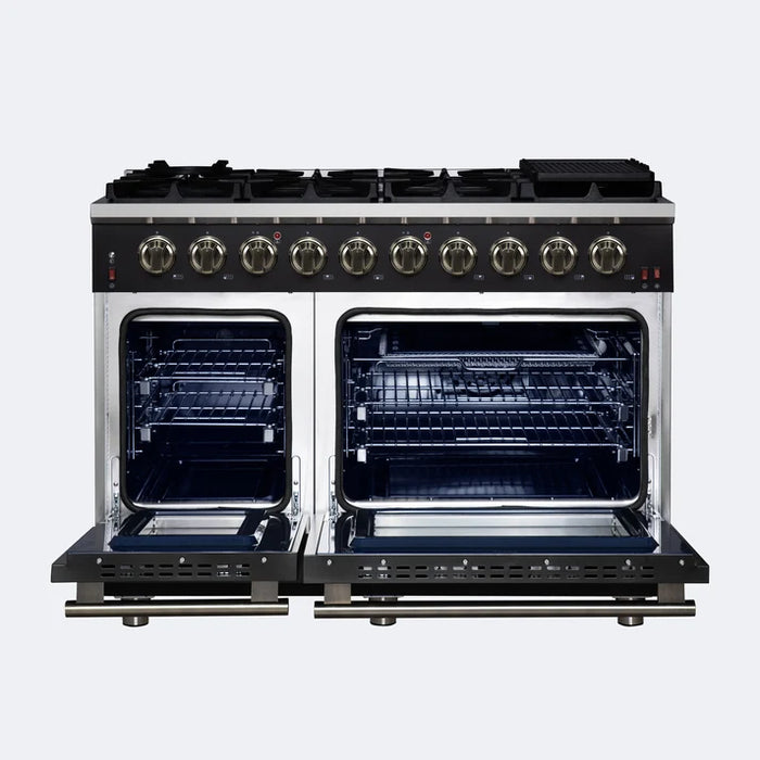 Forno Ambassador Valente 36" 5.2 cu. ft. Dual Fuel Range, 6 Sealed Burners, Convection Oven in Black or White with Antique Brass Accents and Copper Rivet Trim, (FFSGS6199-36CPBLK)