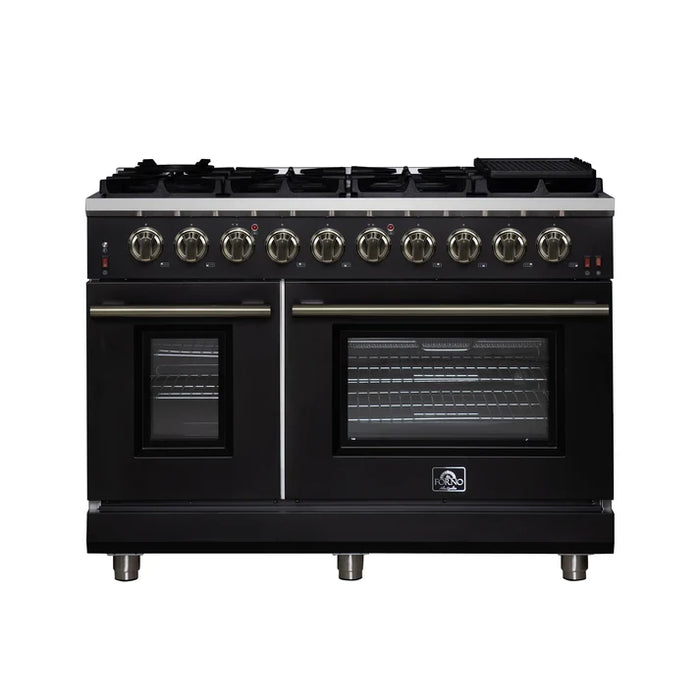 Forno Ambassador Valente 36" 5.2 cu. ft. Dual Fuel Range, 6 Sealed Burners, Convection Oven in Black or White with Antique Brass Accents and Copper Rivet Trim, (FFSGS6199-36CPBLK)