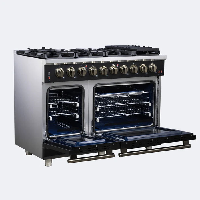 Forno Ambassador Valente 36" 5.2 cu. ft. Dual Fuel Range, 6 Sealed Burners, Convection Oven in Black or White with Antique Brass Accents and Copper Rivet Trim, (FFSGS6199-36CPBLK)