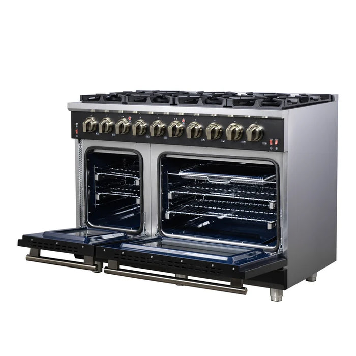 Forno Ambassador Valente 36" 5.2 cu. ft. Dual Fuel Range, 6 Sealed Burners, Convection Oven in Black or White with Antique Brass Accents and Copper Rivet Trim, (FFSGS6199-36CPBLK)