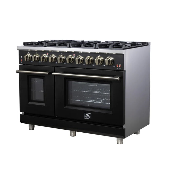 Forno Ambassador Valente 36" 5.2 cu. ft. Dual Fuel Range, 6 Sealed Burners, Convection Oven in Black or White with Antique Brass Accents and Copper Rivet Trim, (FFSGS6199-36CPBLK)
