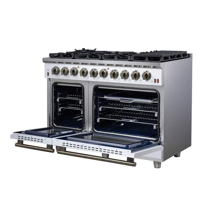 Forno Massimo 48″ 6.58 cu. ft. Freestanding Gas Range with 8 Sealed Burners, Air Fryer Kit, Wok Support & Griddle in Stainless Steel, Back or White (FFSGS6239-48)