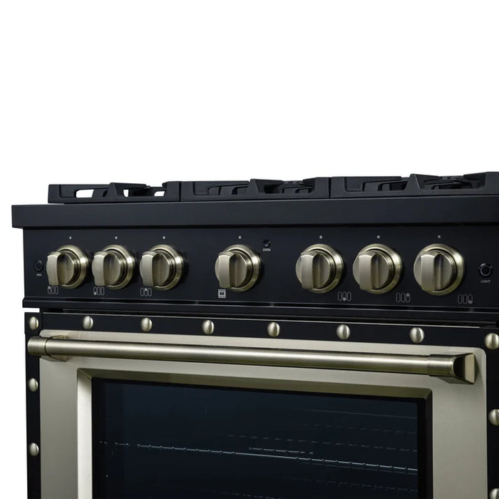 Forno Ambassador Valente 36" 5.2 cu. ft. Gas Range, 6 Sealed Burners, Convection Oven in White or Black with Antique Brass Accents and Copper Rivet Trim, FFSGS6299-36CPWHT
