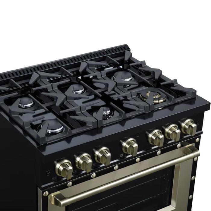 Forno Ambassador Valente 36" 5.2 cu. ft. Gas Range, 6 Sealed Burners, Convection Oven in White or Black with Antique Brass Accents and Copper Rivet Trim, FFSGS6299-36CPWHT